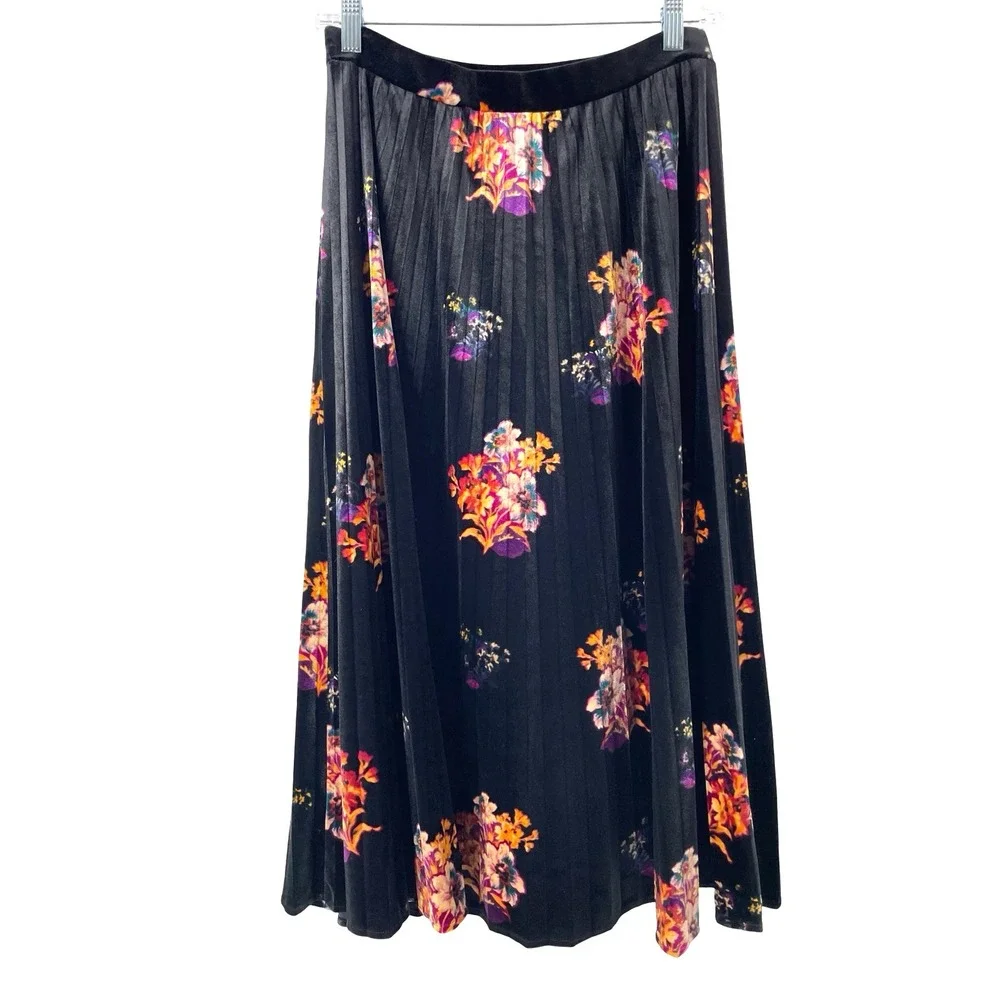Anthropologie Maeve pleated velvet floral midi skirt Size S boho black